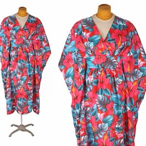 1970s 1980s Flower Tiki Caftan Dress